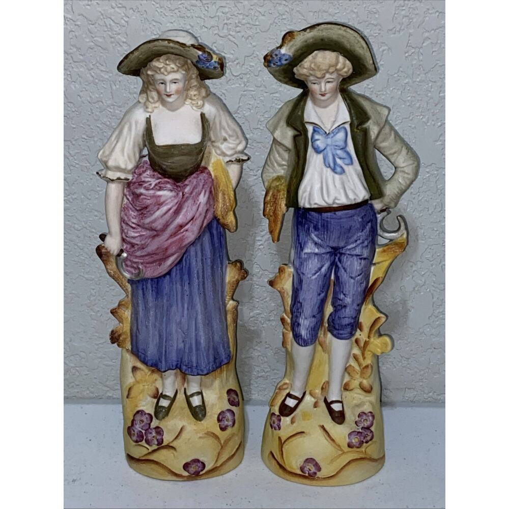 VTG Hal-Sey Occupied Japan Bisque Colonial Farmer Couple Figurines Large 13.5”